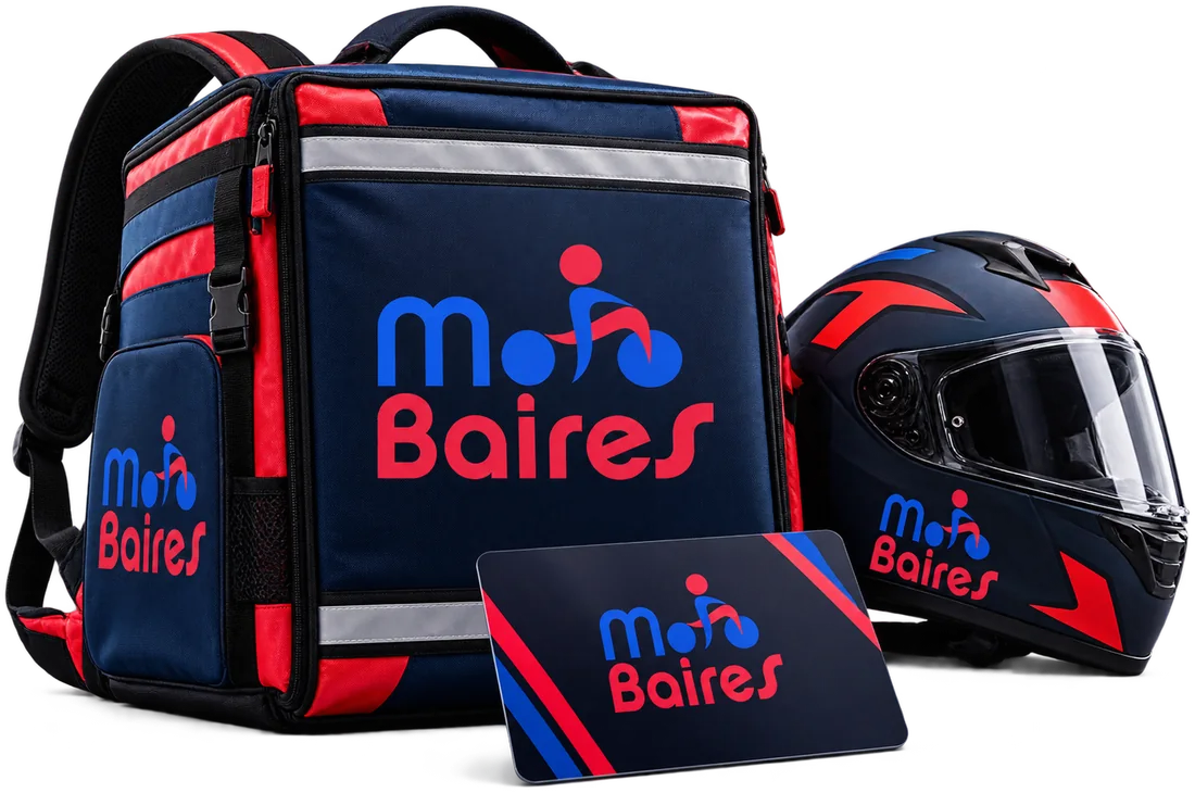 Aplicaciones de marca de MotoBaires en mochila, casco y tarjeta