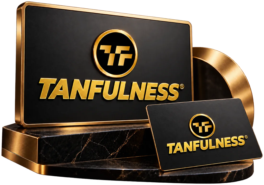Identidad de Tanfulness en dorado sobre un soporte de mármol negro
