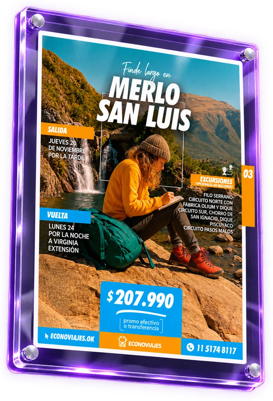 Afiche de Econoviajes con una excursión a Merlo, San Luis