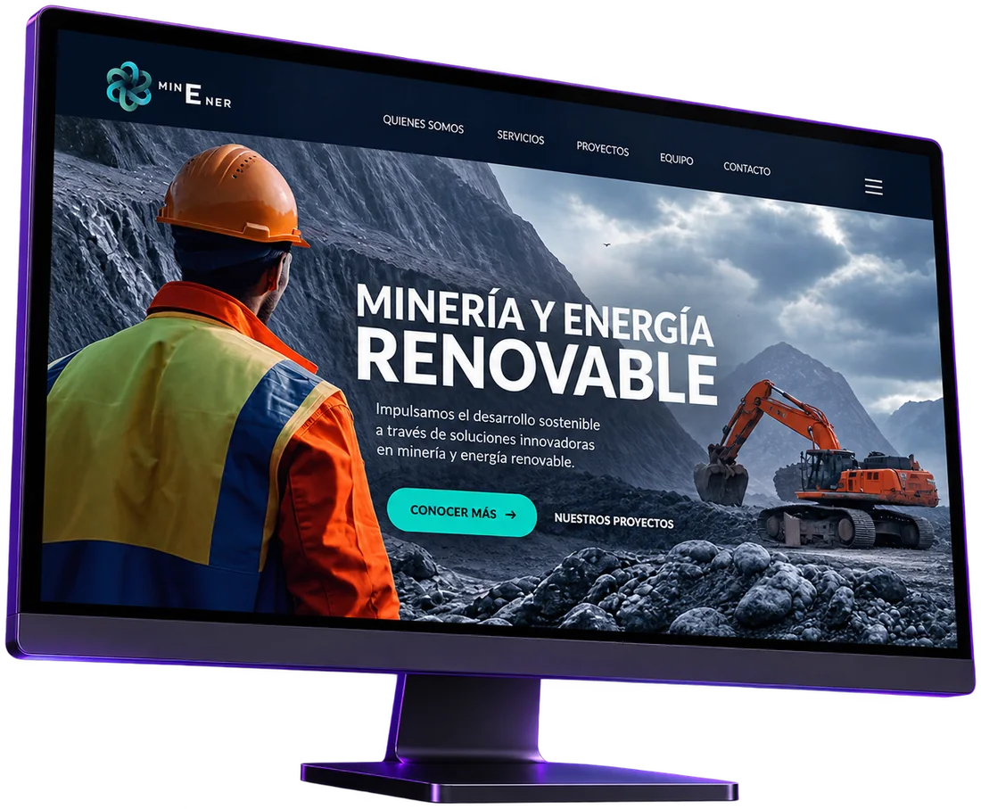 Sitio web de MineEner, sobre minería y energía renovable, en un monitor